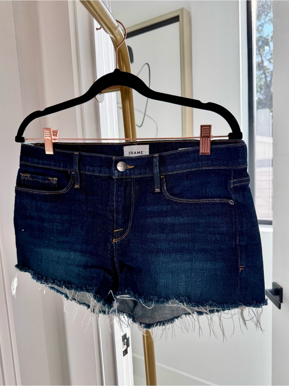 FRAME Dark Indigo Denim Shorts with Contrast Stitching